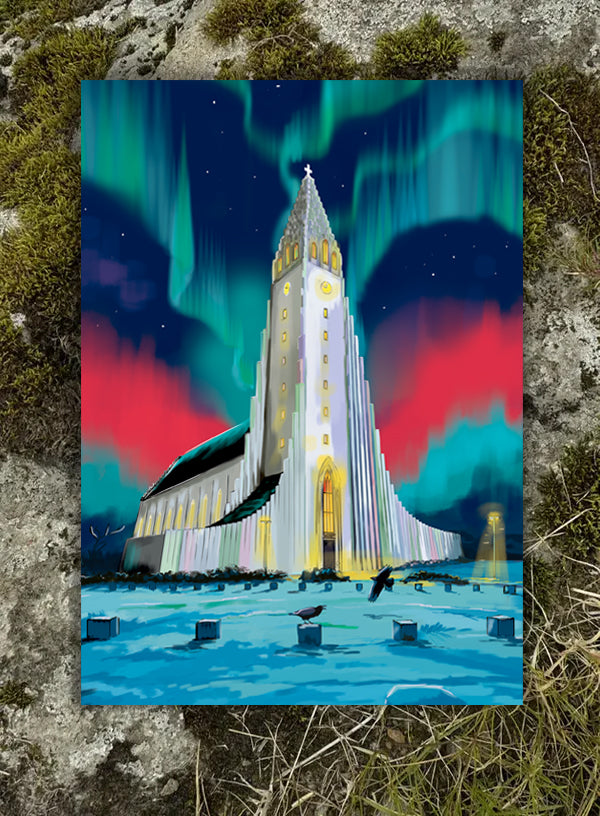 Postcard - Hallgrímskirkja, Northern Light
