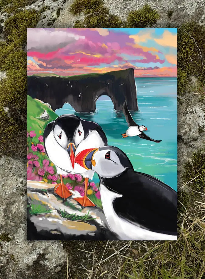Postcard - Puffins at Dýrholaey Fjord